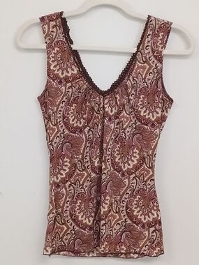 Agenda Y2K Paisley Retro V-Neck Brown Pink Stretch Sleeveless Tank Top Small